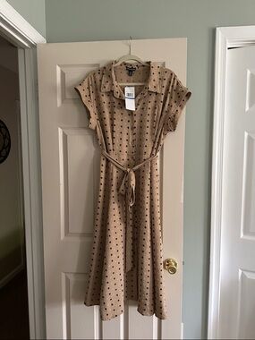 Nina Leonard Tan Polka Dot Midi Shirt Dress